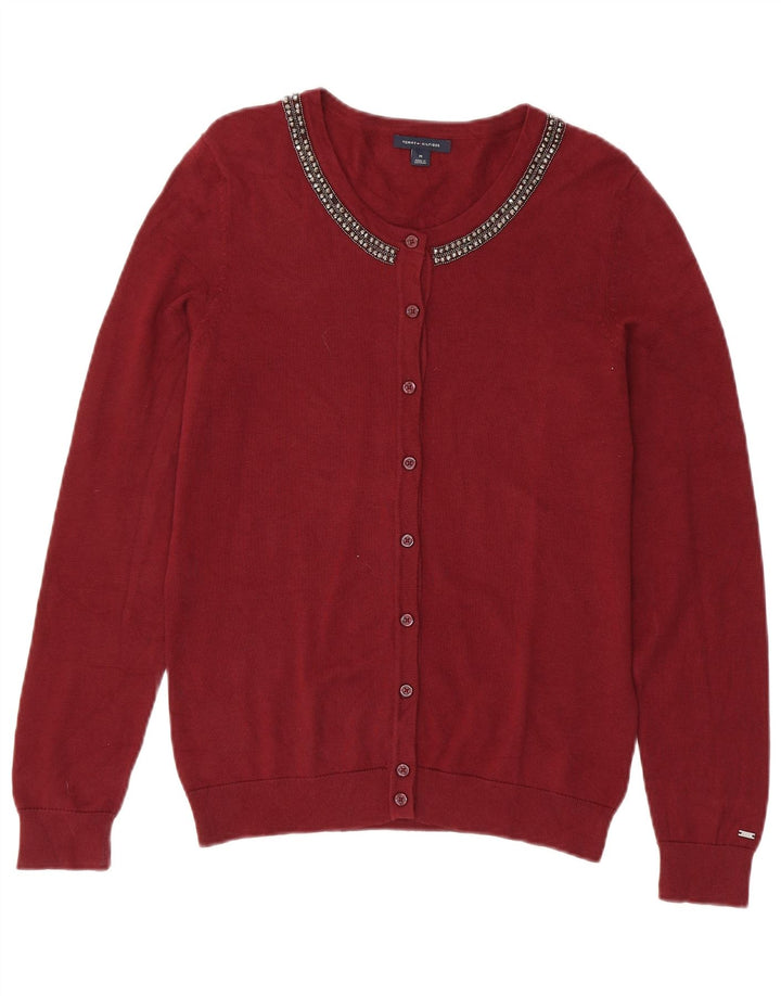 Tommy Hilfiger Womens Cardigan Sweater UK 12 Medium Maroon Cotton