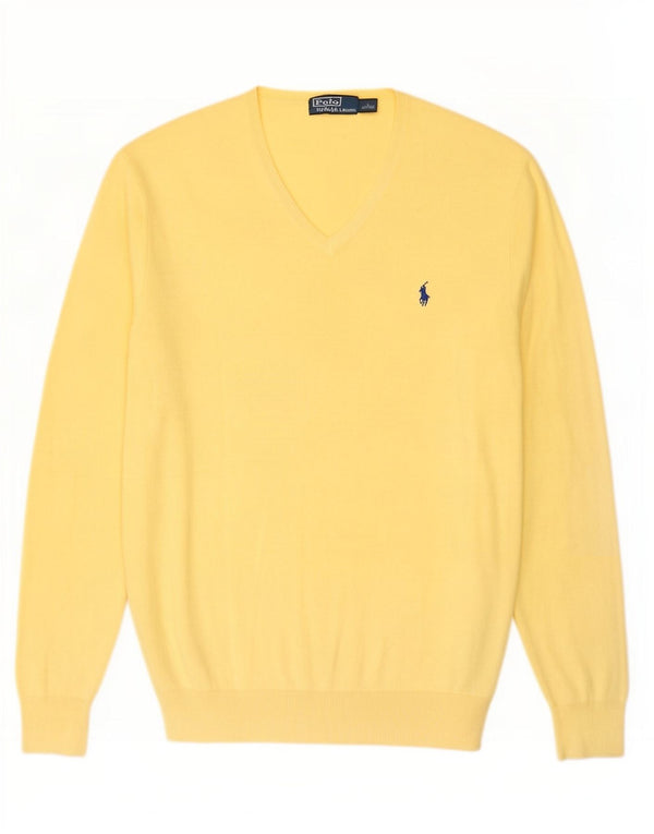 Polo Ralph Lauren Mens V-Neck Jumper Sweater Large Yellow Cotton