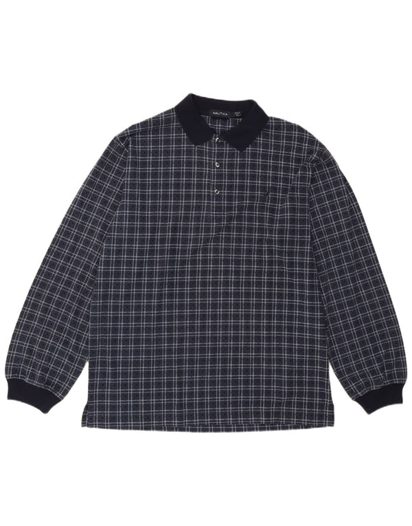 Nautica Mens Long Sleeve Polo Shirt Medium Navy Blue Check Cotton