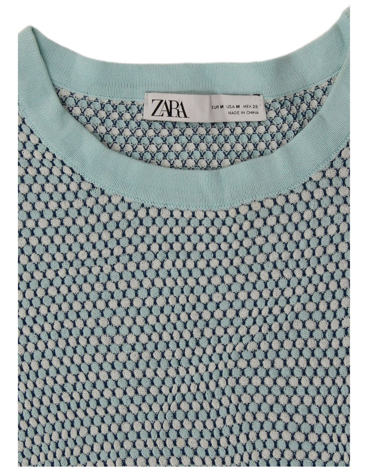 Zara Womens Crop Crew Neck Jumper Sweater UK 12 Medium Green Spotted