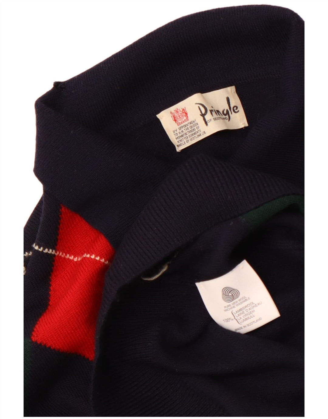 PRINGLE Mens Polo Neck Jumper Sweater Medium Navy Blue Argyle/Diamond