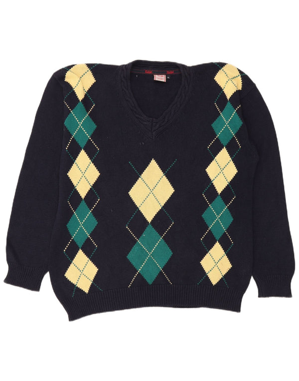 Slam Mens V-Neck Jumper Sweater XL Navy Blue Argyle/Diamond Cotton