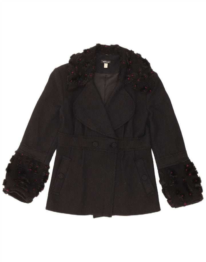 Vintage Womens Double Breasted Coat UK 12 Medium Black Wool