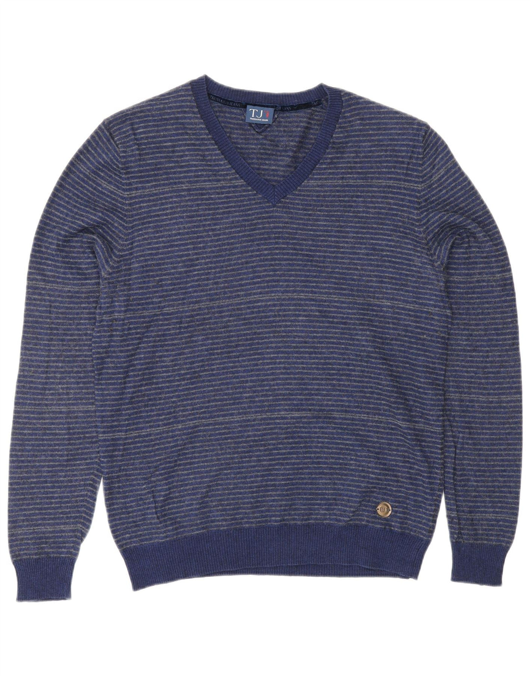 TRUSSARDI JEANS Mens V-Neck Jumper Sweater Medium Blue Striped Cotton