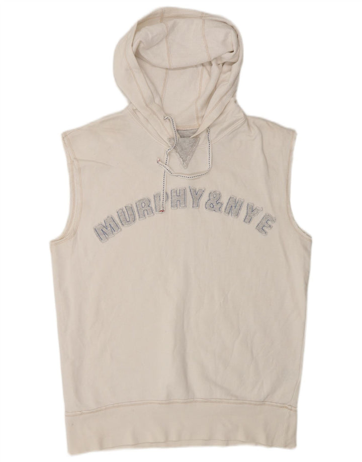 MURPHY & NYE Mens Hooded Graphic Vest Top Large Off White Cotton