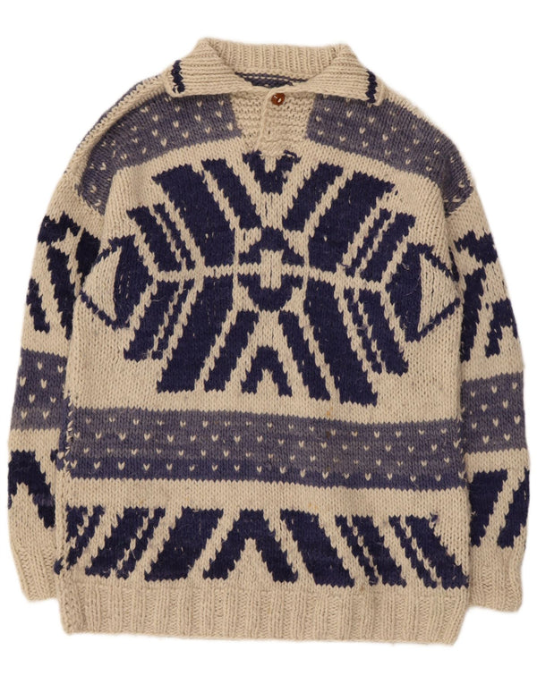 Vintage Mens Polo Neck Jumper Sweater Medium Off White Geometric