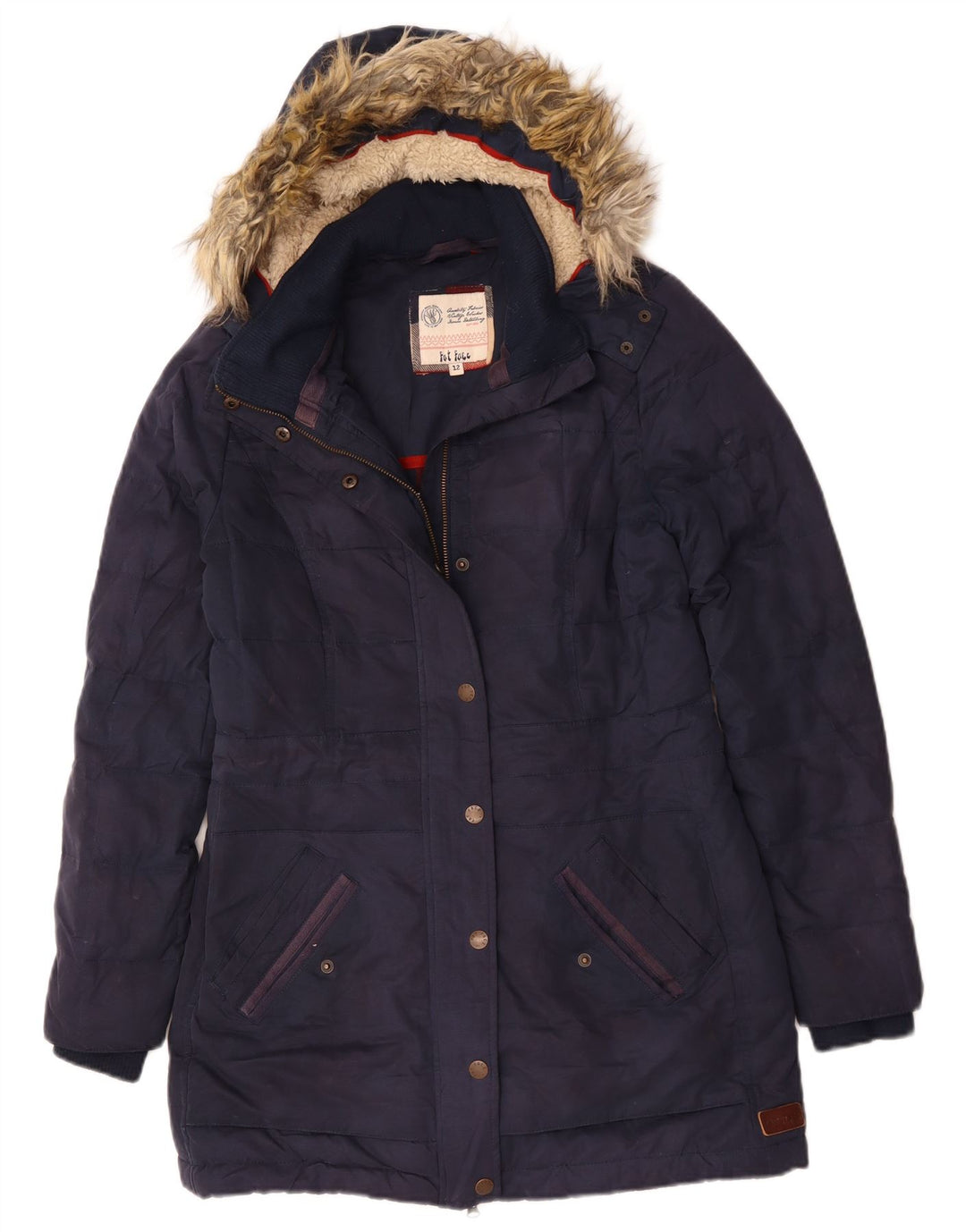 Fat Face Womens Hooded Parka Jacket UK 12 Medium Navy Blue Polyester Winter