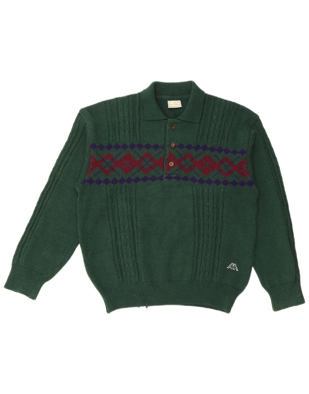 KAPPA Mens Polo Neck Jumper Sweater Medium Green Geometric Wool