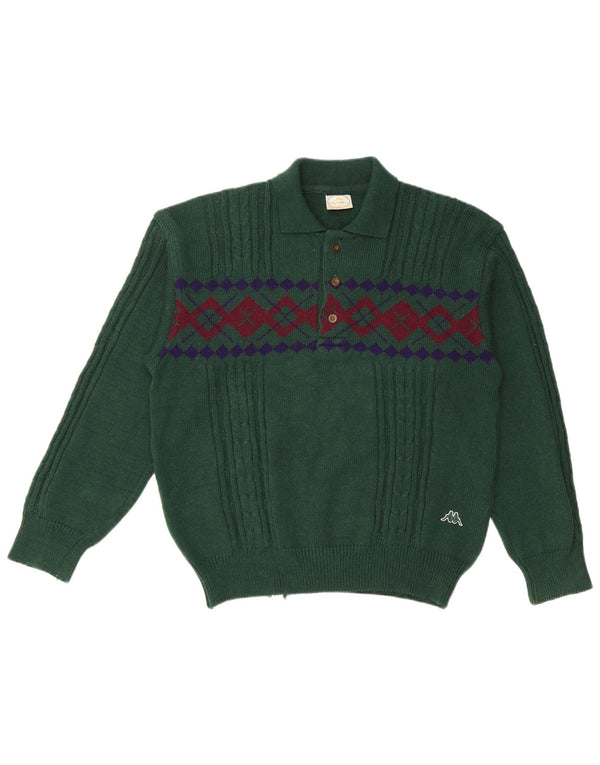 KAPPA Mens Polo Neck Jumper Sweater Medium Green Geometric Wool