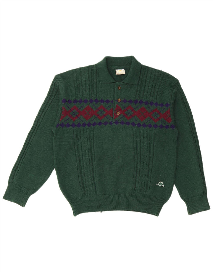 KAPPA Mens Polo Neck Jumper Sweater Medium Green Geometric Wool