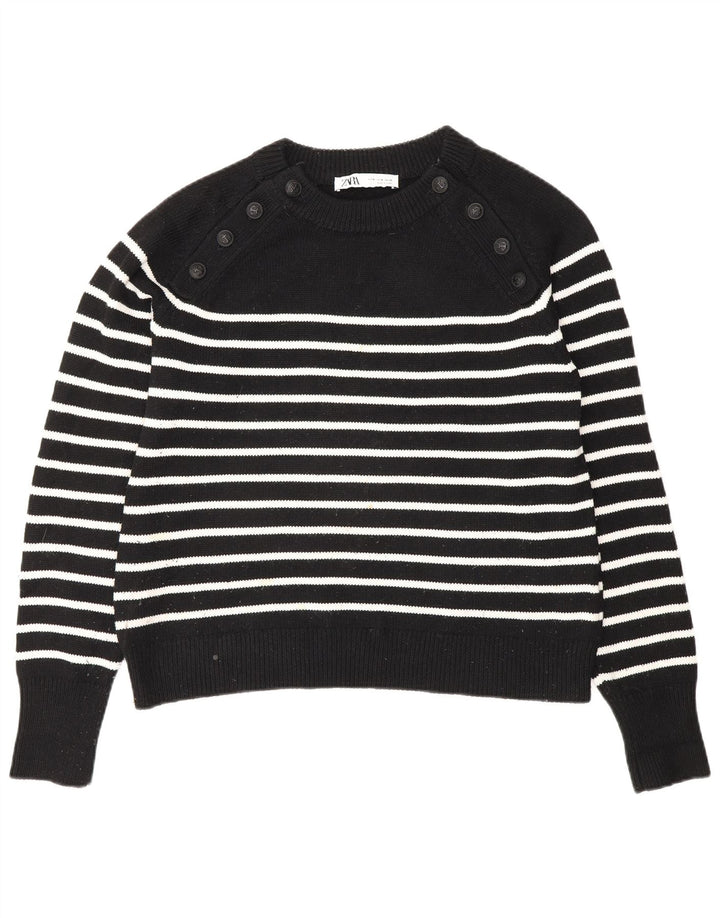 Zara Womens Boat Neck Jumper Sweater UK 14 Medium Black Striped Polyester