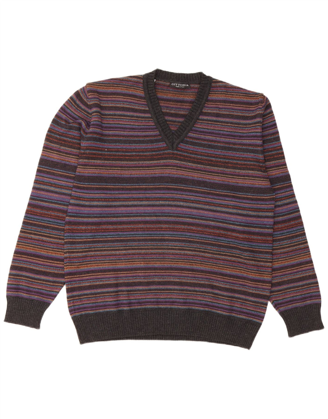 VINTAGE Mens V-Neck Jumper Sweater IT 52 Large Multicoloured Striped Wool