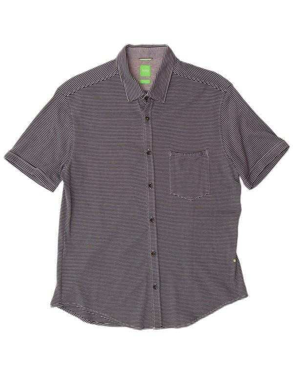 HUGO BOSS Mens Slim Fit Short Sleeve Shirt Large Navy Blue Striped