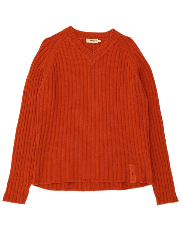 Gas Womens V-Neck Jumper Sweater UK 14 Large Orange Wool