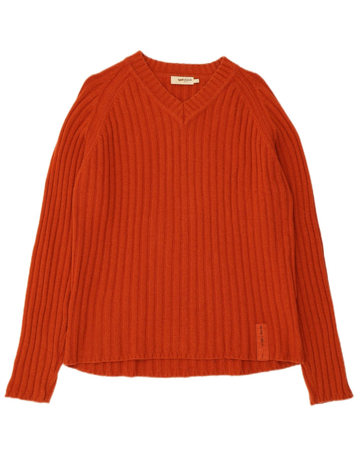 Gas Womens V-Neck Jumper Sweater UK 14 Large Orange Wool