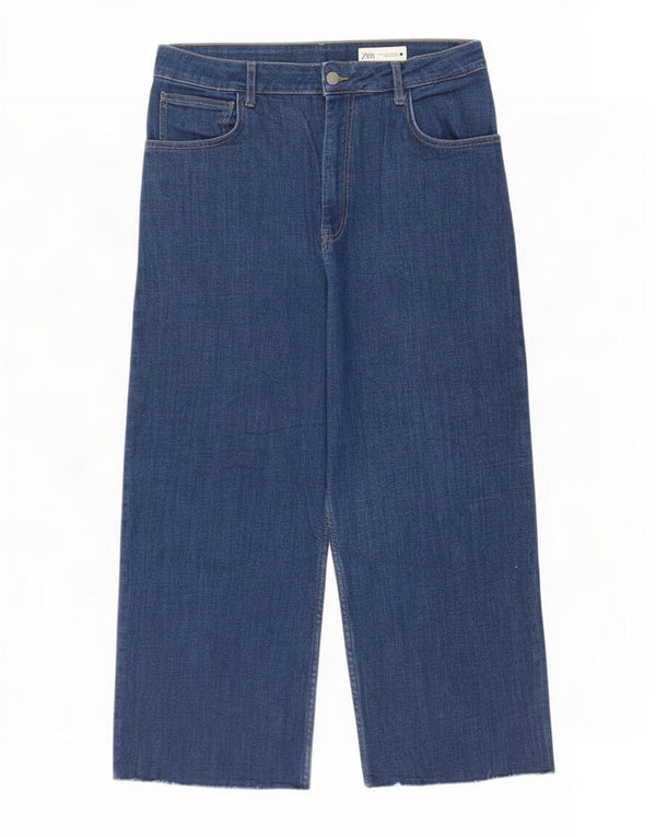 Zara Womens High Waist Crop Wide Leg Jeans EU 42 Large W32 L23 Blue Cotton