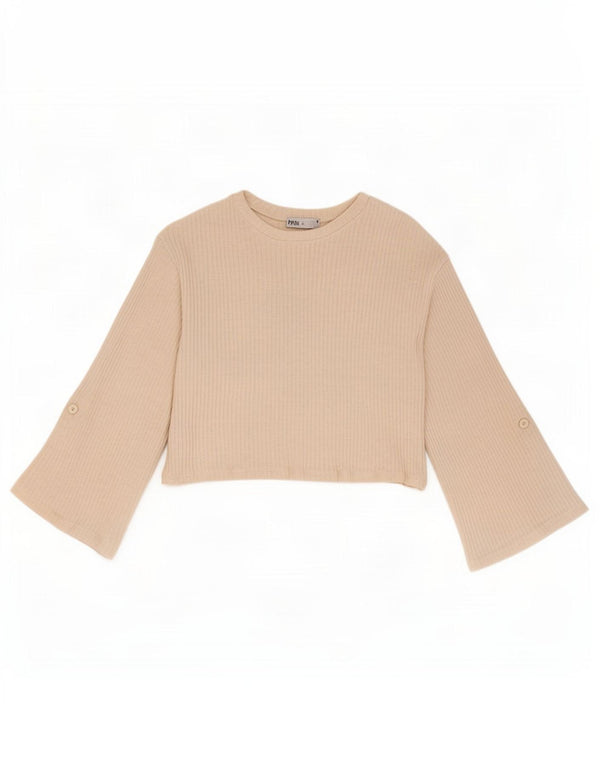 Zara Womens Crop Top 3/4 Sleeve UK 14 Medium Beige Cotton