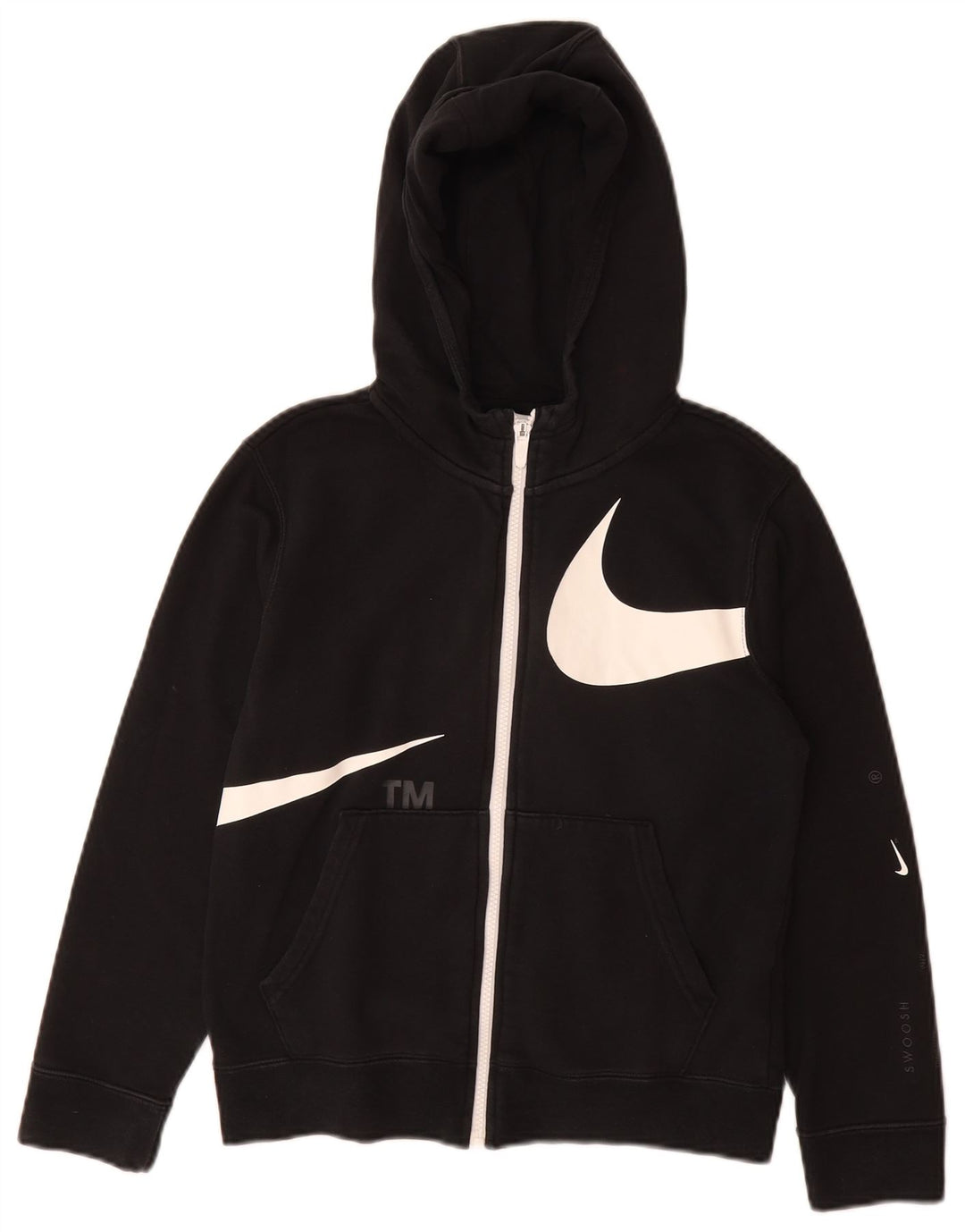 NIKE Boys Swoosh Graphic Zip Hoodie Sweater 10-11 Years Medium Black