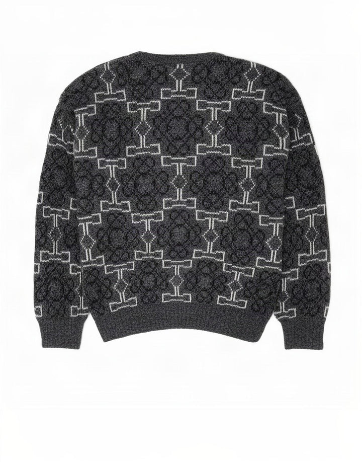 Vintage Mens Crew Neck Jumper Sweater Medium Grey Geometric