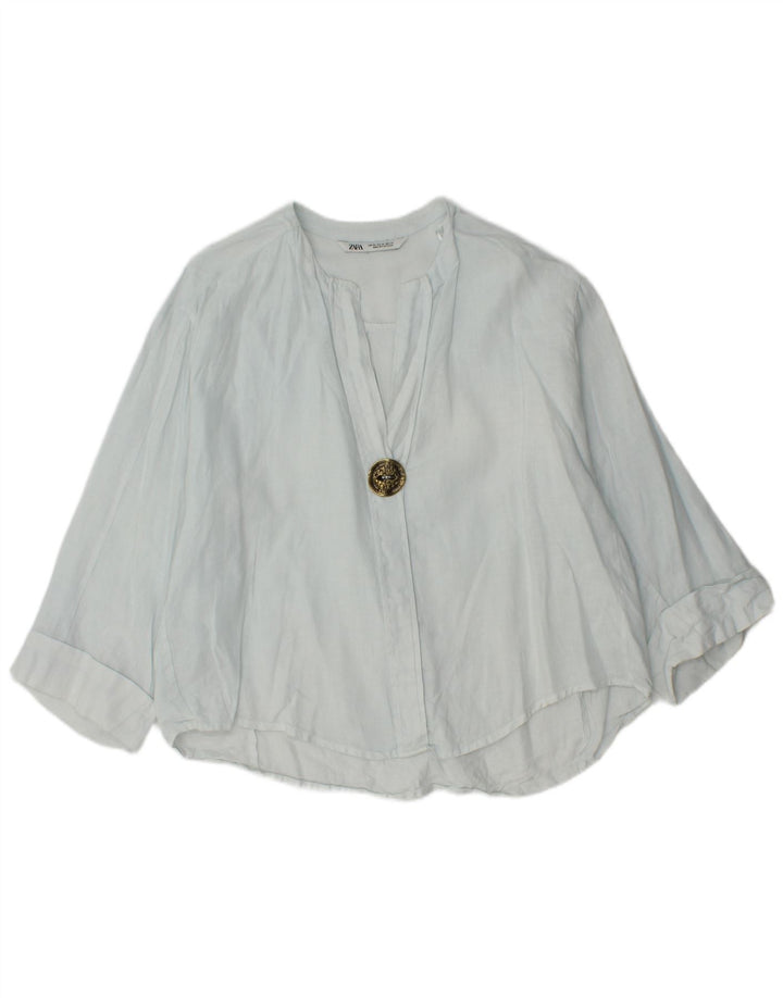 Zara Womens Oversized 3/4 Sleeve Blouse Top UK 6 XS Blue