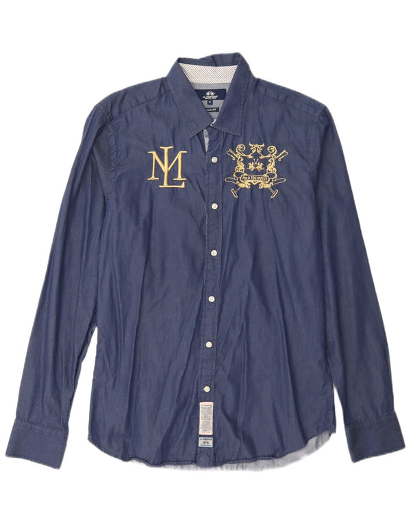 La Martina Mens Graphic Slim Fit Shirt Small Navy Blue Cotton