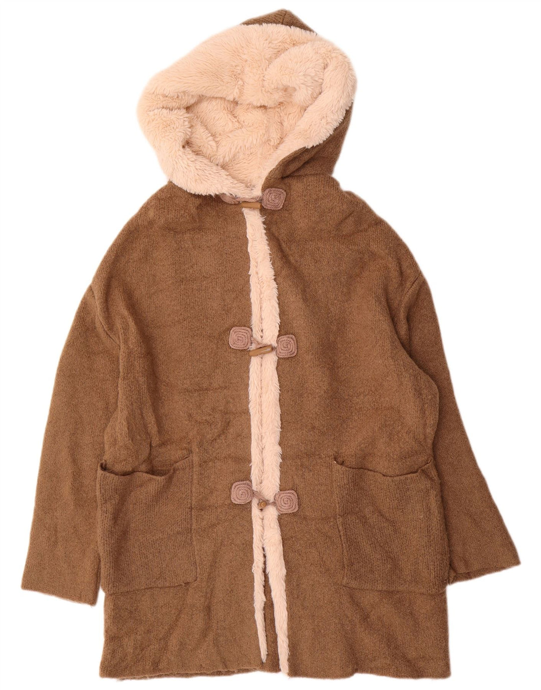 ZARA Womens Oversized Longline Hooded Cardigan Sweater UK 14 Medium Brown