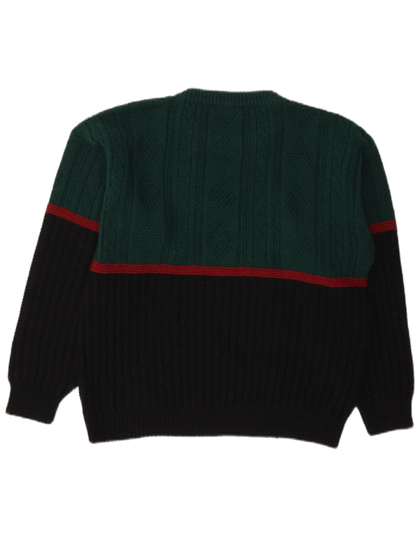 Vintage Mens Crew Neck Jumper Sweater Medium Green Colourblock Polyacrylic