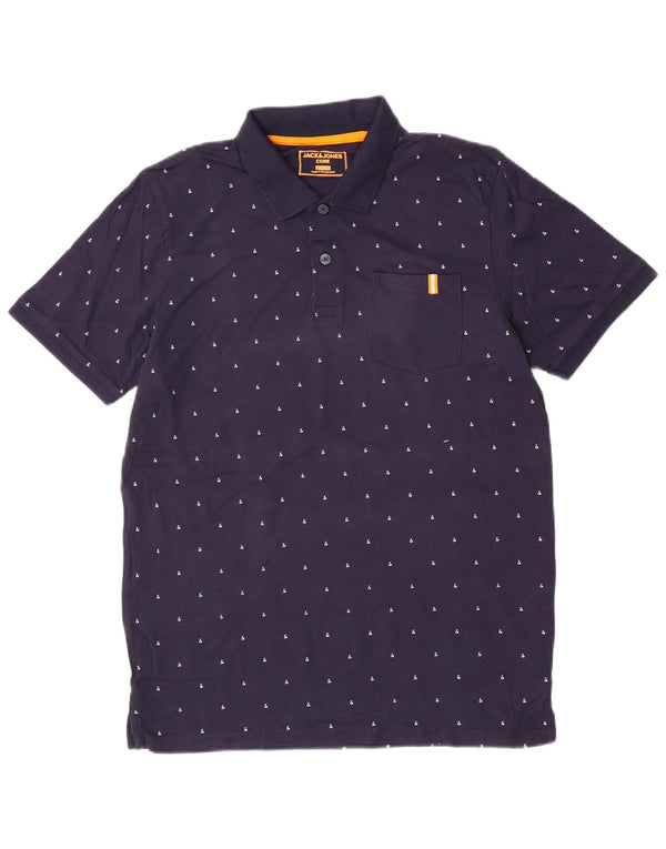 JACK & JONES Mens Slim Fit Polo Shirt Large Navy Blue Spotted Cotton