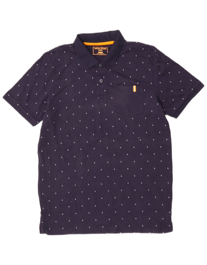 JACK & JONES Mens Slim Fit Polo Shirt Large Navy Blue Spotted Cotton