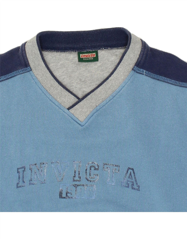 INVICTA Boys Graphic Sweatshirt Jumper 13-14 Years Blue Colourblock Cotton Vintage Invicta and Second-Hand Invicta from Messina Hembry 