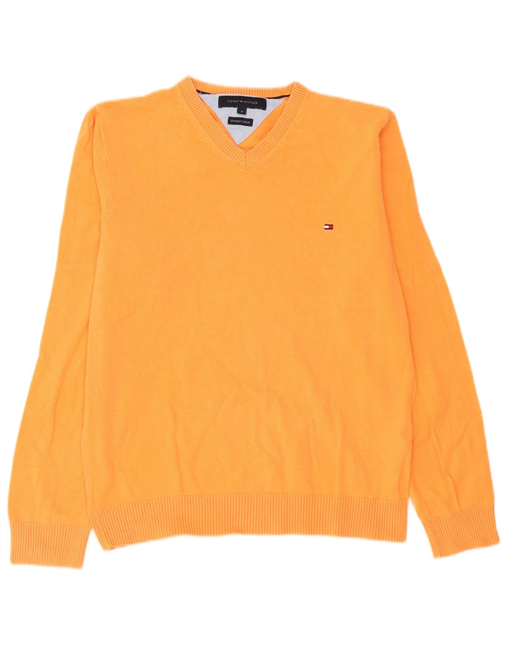 Tommy Hilfiger Mens V-Neck Jumper Sweater Medium Orange Cotton