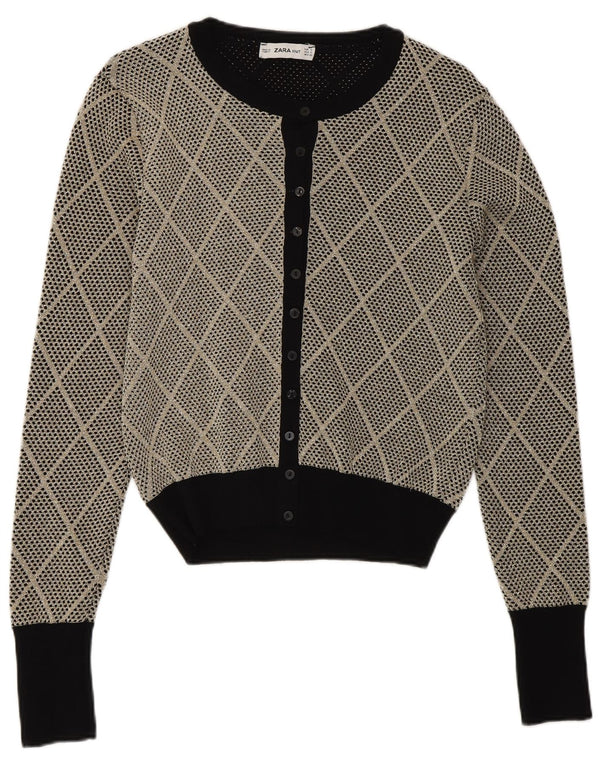 Zara Womens Cardigan Sweater UK 10 Small Grey Argyle/Diamond Viscose