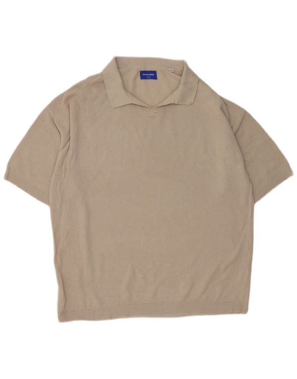 Jack & Jones Mens Short Sleeve Polo Neck Jumper Sweater XL Beige Cotton
