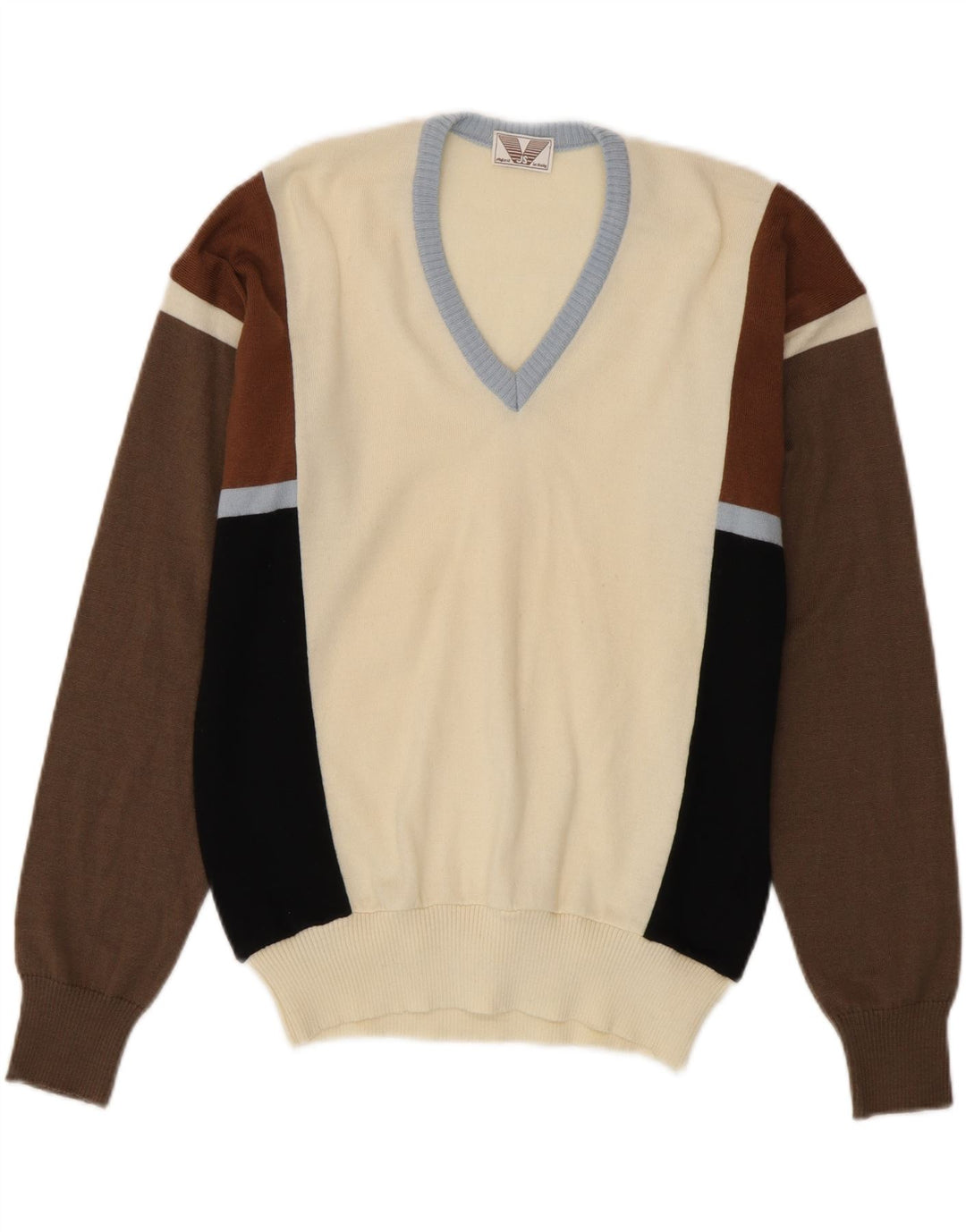 VINTAGE Mens V-Neck Jumper Sweater IT 50 Medium Multicoloured Colourblock