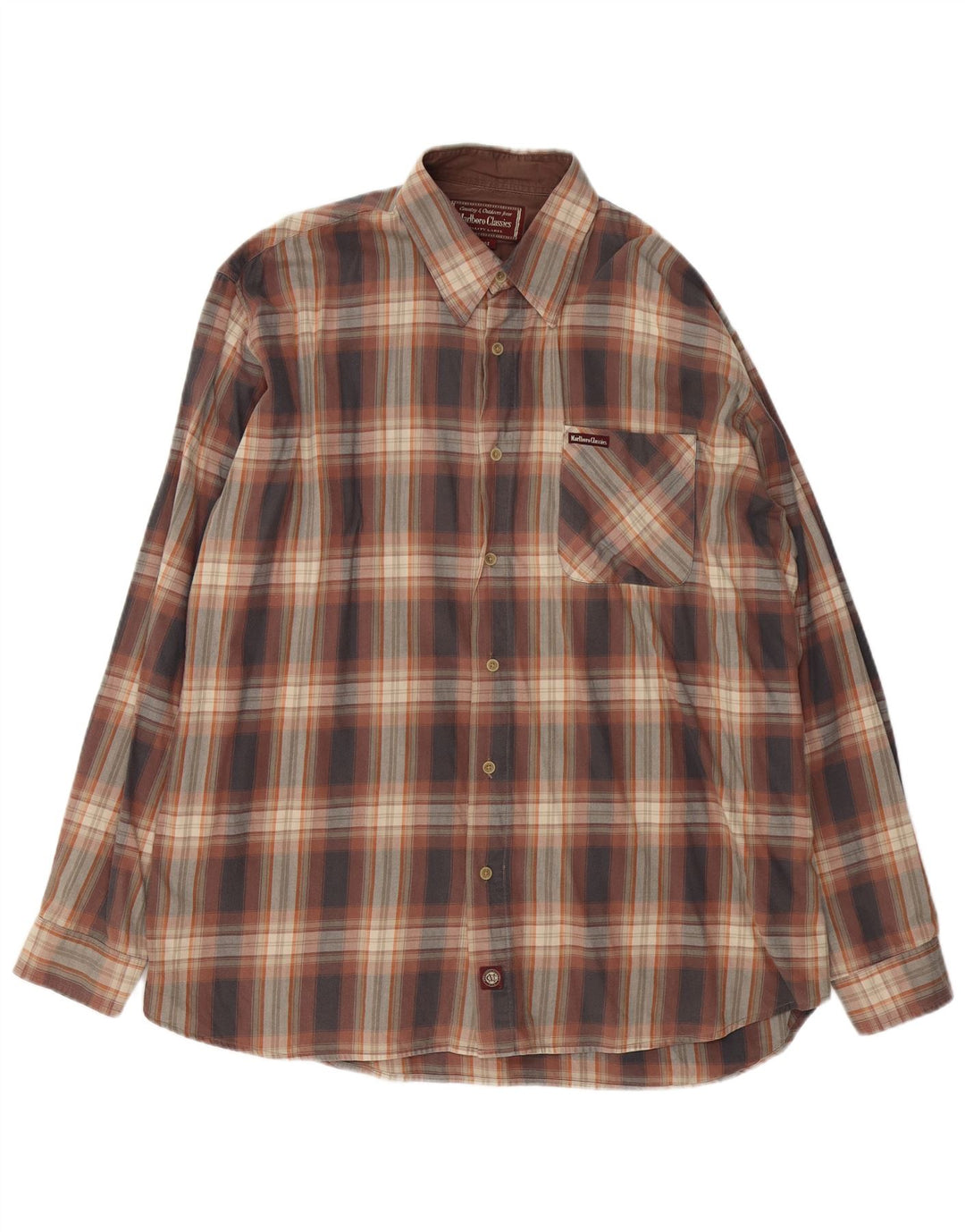 MARLBORO CLASSICS Mens Flannel Shirt XL Brown Plaid Cotton