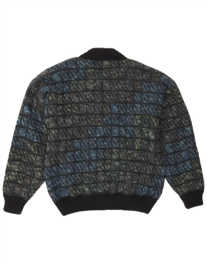 Tobia System Mens Knit Bomber Jacket EU 46 Small Navy Blue Check Wool Retro