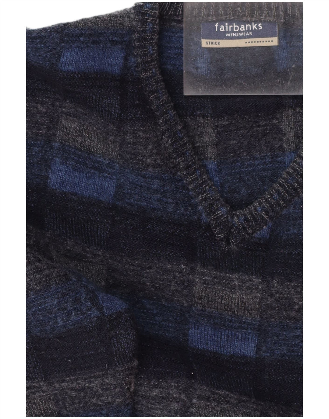 FAIRBANKS Mens V-Neck Jumper Sweater IT 56 XL Navy Blue Check Virgin Wool