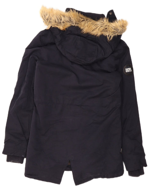 Superdry Womens Hooded Sherpa Parka Jacket UK 14 Medium Navy Blue Polyester