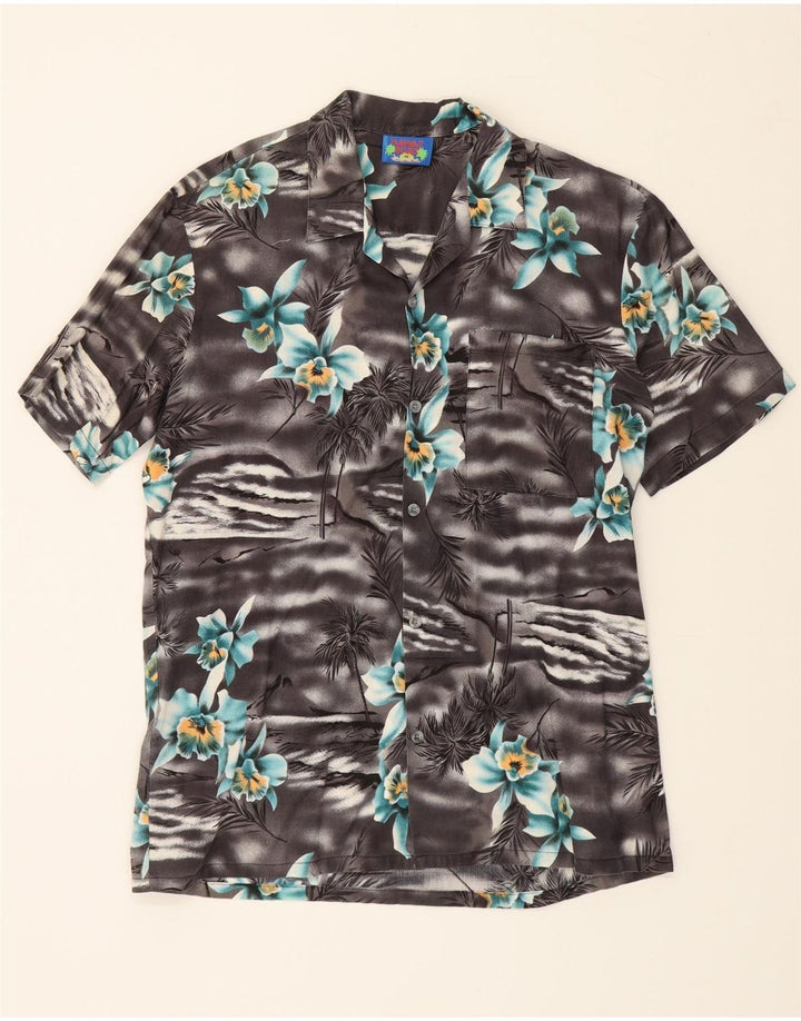 VINTAGE Mens Short Sleeve Shirt Medium Grey Floral Vintage Vintage and Second-Hand Vintage from Messina Hembry 