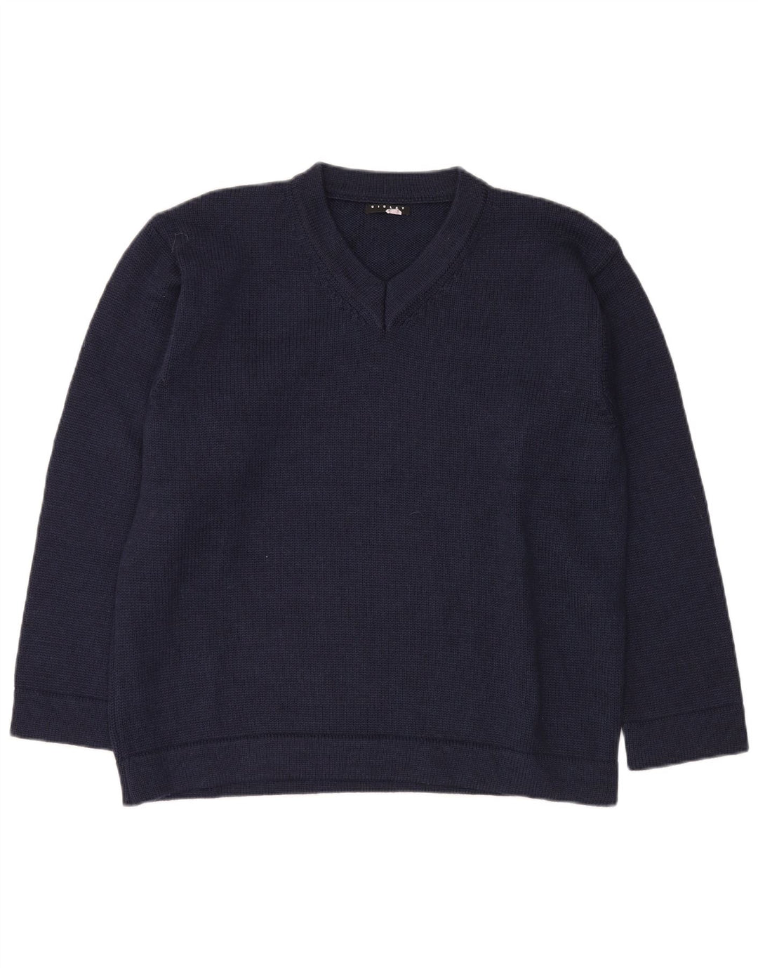 SISLEY Mens V-Neck Jumper Sweater Large Navy Blue Wool