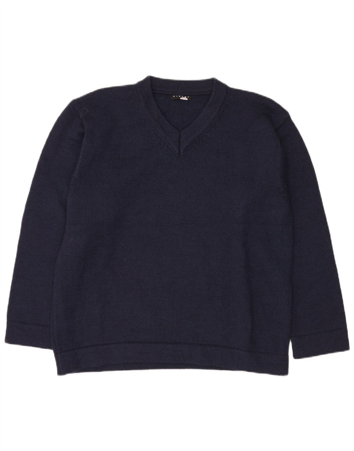 SISLEY Mens V-Neck Jumper Sweater Large Navy Blue Wool
