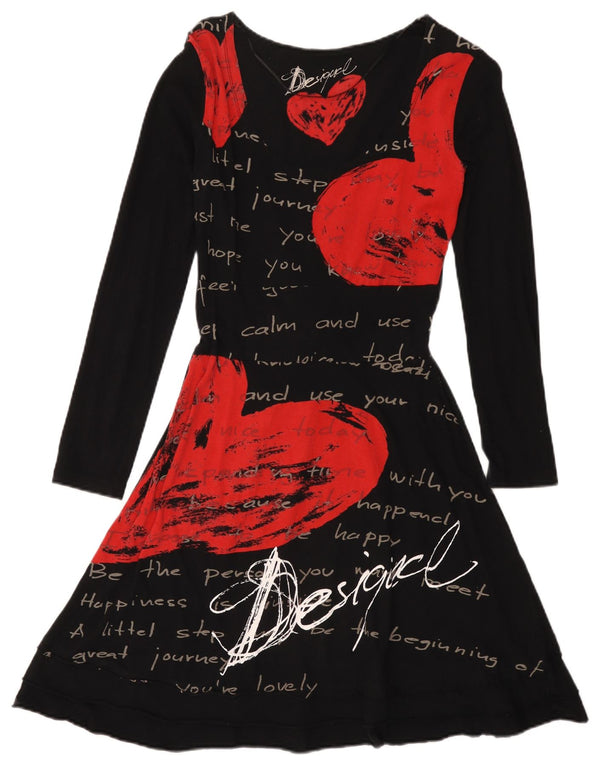 Desigual Womens Graphic Long Sleeve A-Line Dress UK 12 Medium Black Cotton