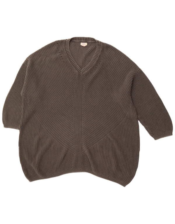 FAT FACE Womens 3/4 Sleeve V-Neck Jumper Sweater UK 24 4XL Grey Cotton