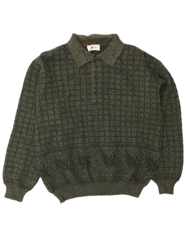 Vintage Mens Polo Neck Jumper Sweater Large Khaki Geometric Acrylic
