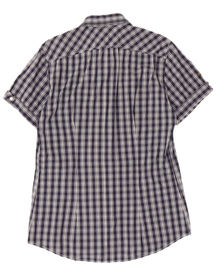 Fred Mello Mens Short Sleeve Shirt Large Navy Blue Check Cotton