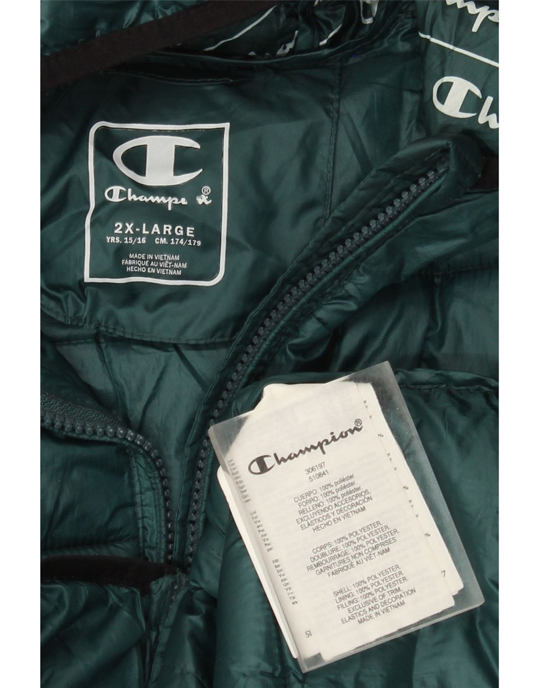 Champion Boys Hooded Padded Jacket 15-16 Years 2XL Green Polyester