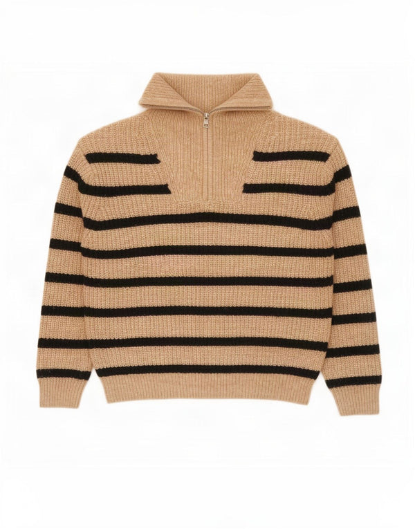 Zara Girls Zip Neck Jumper Sweater 11-12 Years Beige Striped Polyester