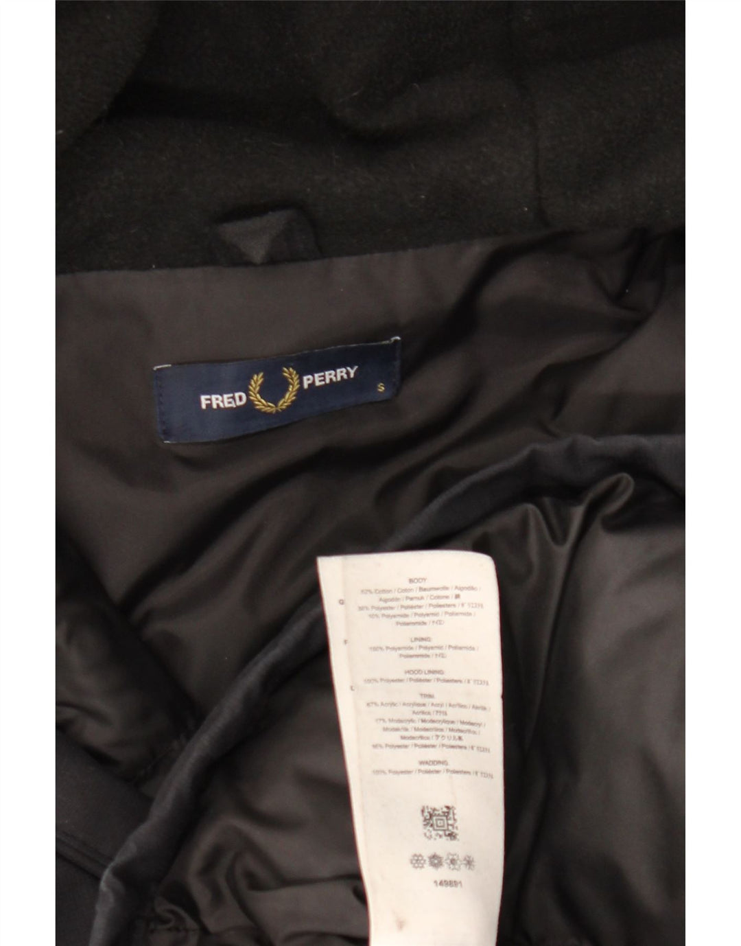 FRED PERRY Mens Hooded Parka Jacket UK 36 Small Black Cotton