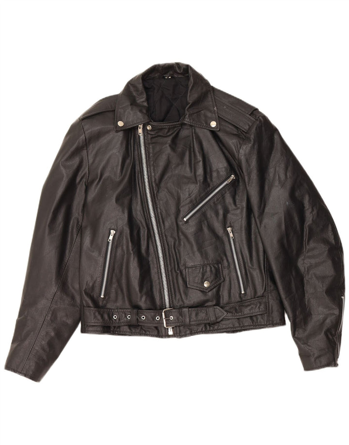 VINTAGE Womens Oversized Leather Biker Jacket UK 10 Small Black Leather
