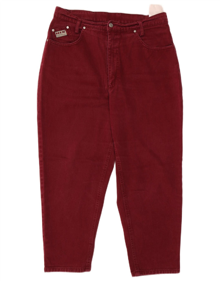 H.I.S Womens High Waist Crop Tapered Jeans UK 20 2XL W34 L25 Burgundy
